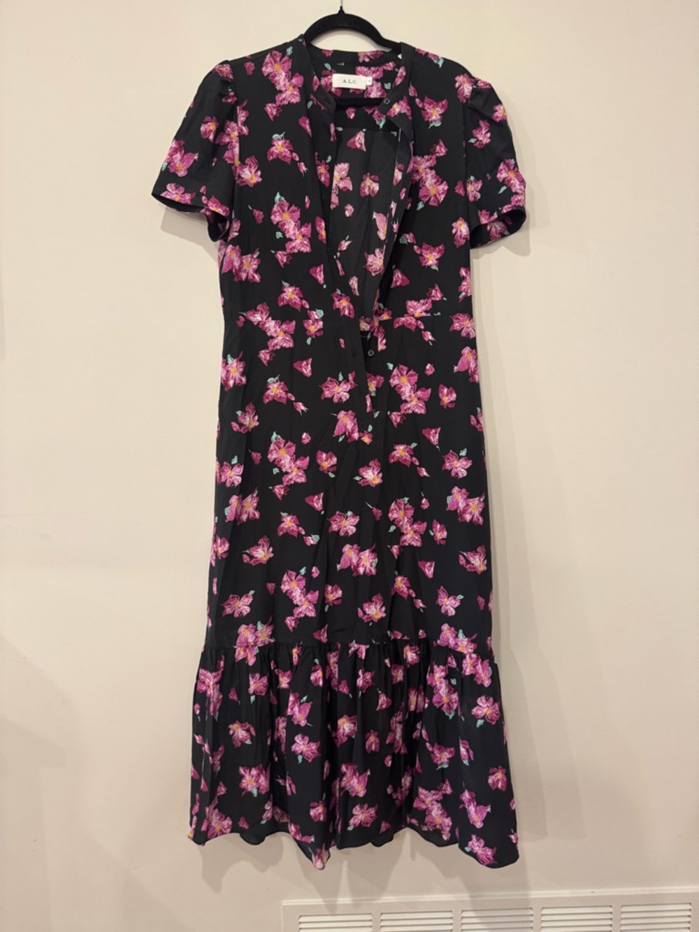 A.L.C. Black Midi Dress with Pink Floral Print